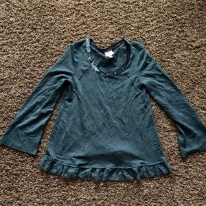 Dark Green Long Sleeve Top with Lace Ruffle Hem